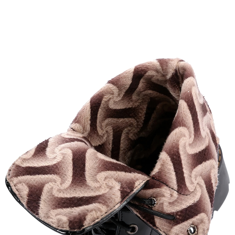 Close-up of women's ankle boots featuring a cozy patterned lining and stylish lace-up design.