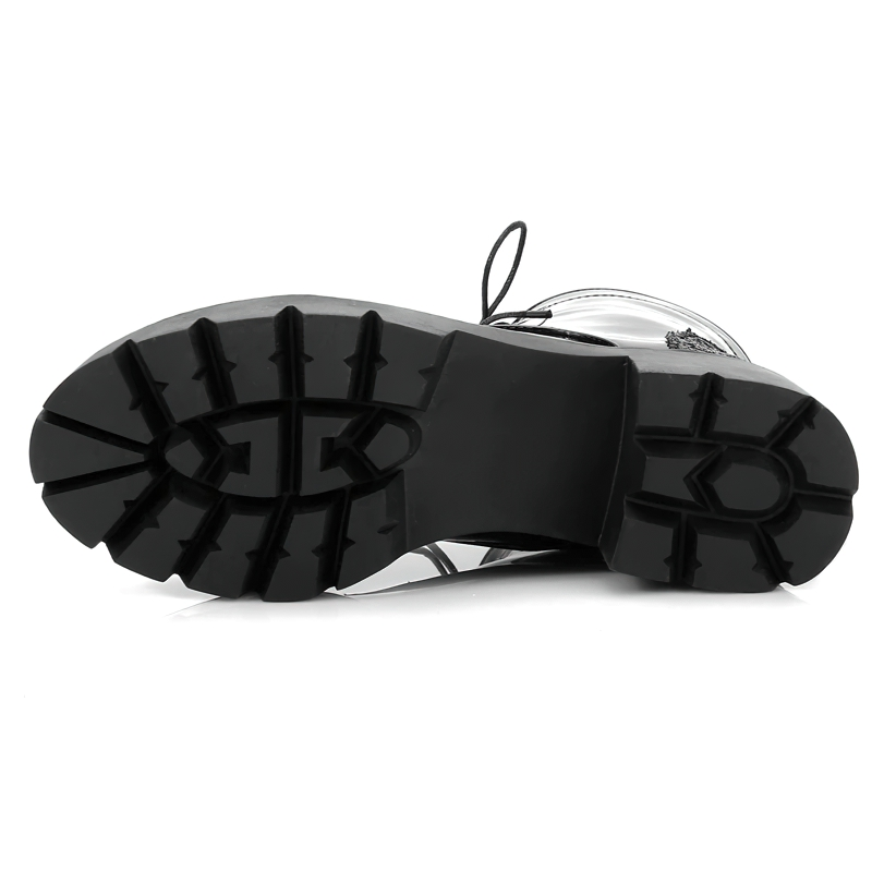 Bottom view of women's brilliant ankle boots with thick heels, showcasing sturdy traction sole for comfort and style.