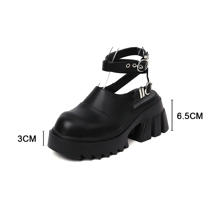 Stylish black buckle strap platform sandals with thick sole, perfect for alternative fashion lovers.