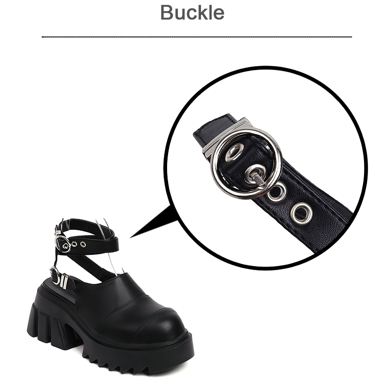 Women’s black buckle strap platform sandals featuring adjustable metal rivets for a stylish alternative look.