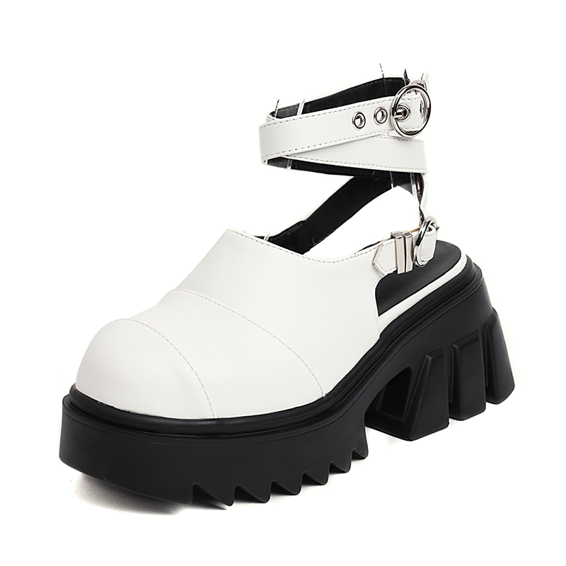 Stylish women's white buckle strap platform sandals with high heel alternative and chunky sole design.