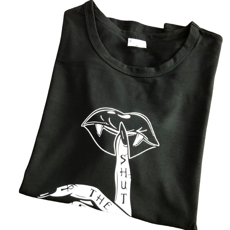 Stylish black gothic t-shirt featuring a graphic print of lips and a finger, perfect for streetwear fashion.