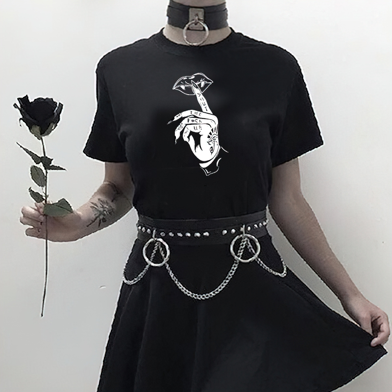 Gothic women's black t-shirt with stylish print, paired with a chain belt and black rose, perfect for streetwear fashion.