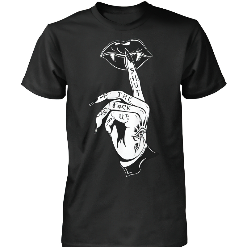 Gothic women's black t-shirt featuring a graphic of a hand with a lip print and bold text, perfect for streetwear fashion.