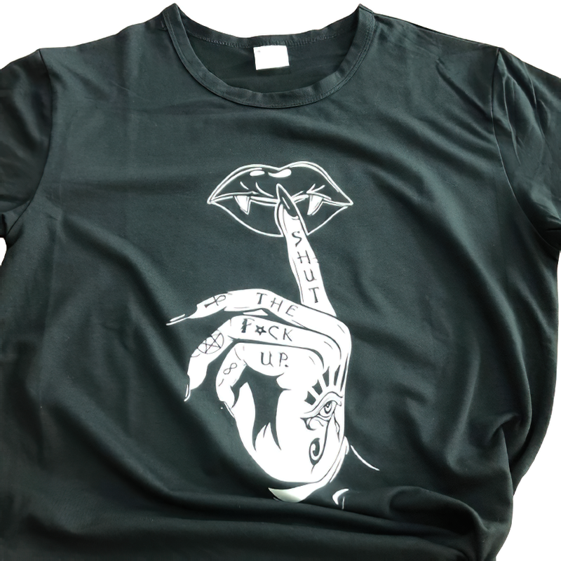 Gothic black t-shirt featuring graphic print of lips and a hand with the text 'Shut the f*ck up.' Stylish streetwear for women.