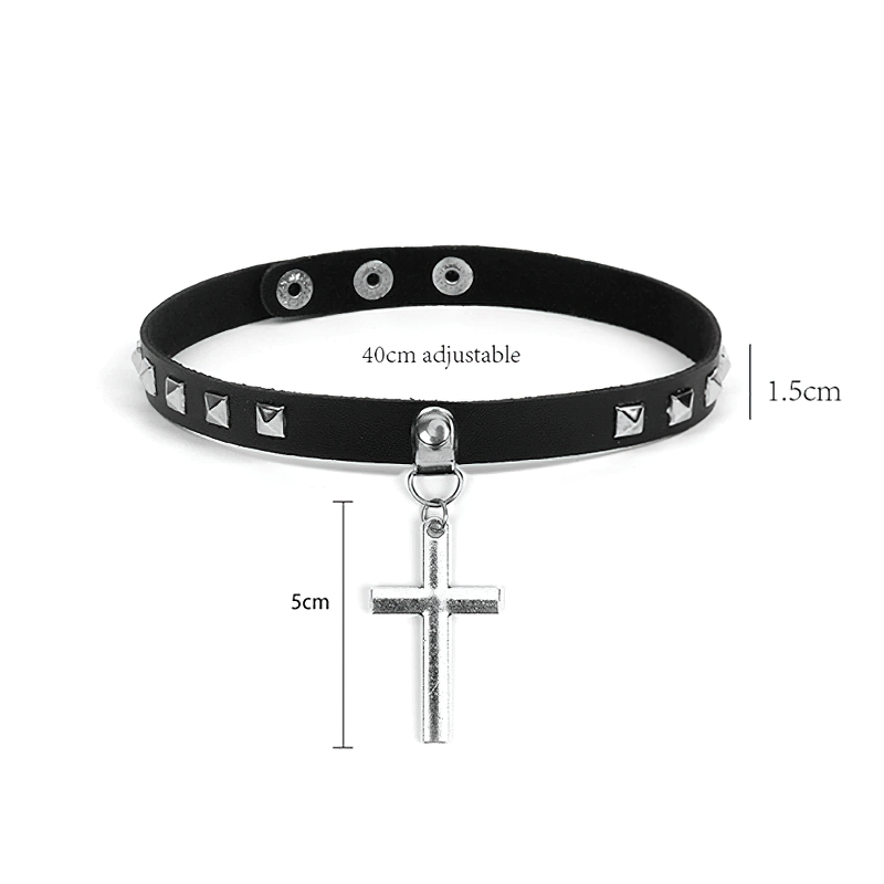 Gothic women's choker in black PU leather with silver rivets and a cross pendant, adjustable to fit, stylish rock accessory.