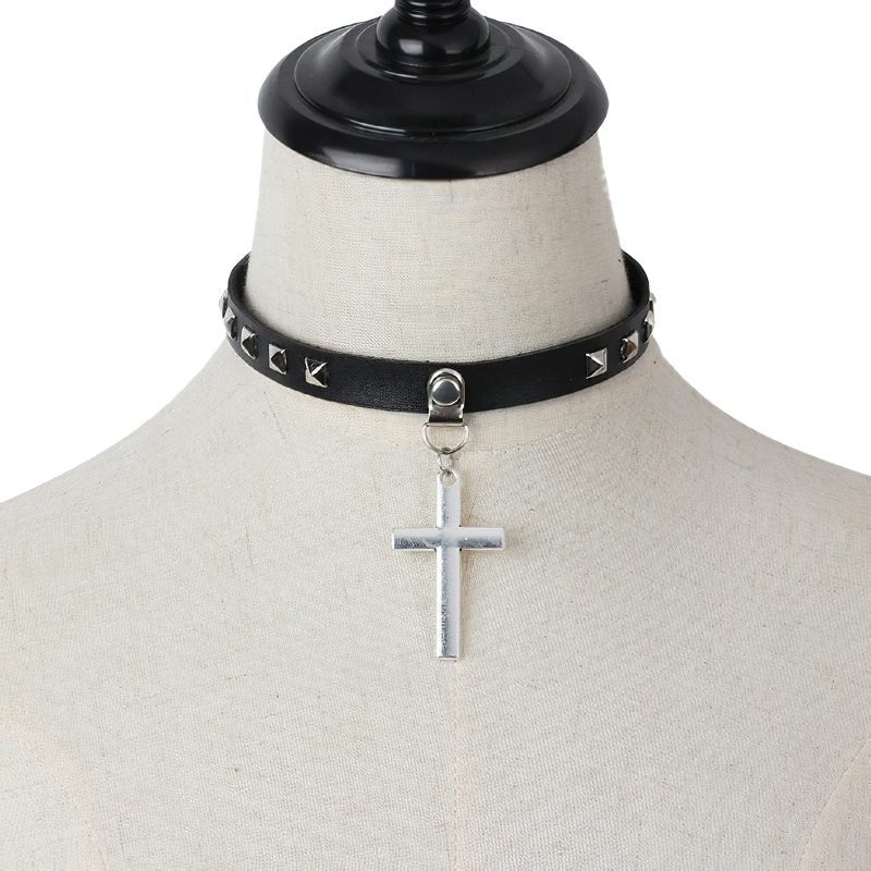 Women Choker Of Cross Pendant / Gothic Necklaces Of PU Leather / Rock Style Accessories - HARD'N'HEAVY