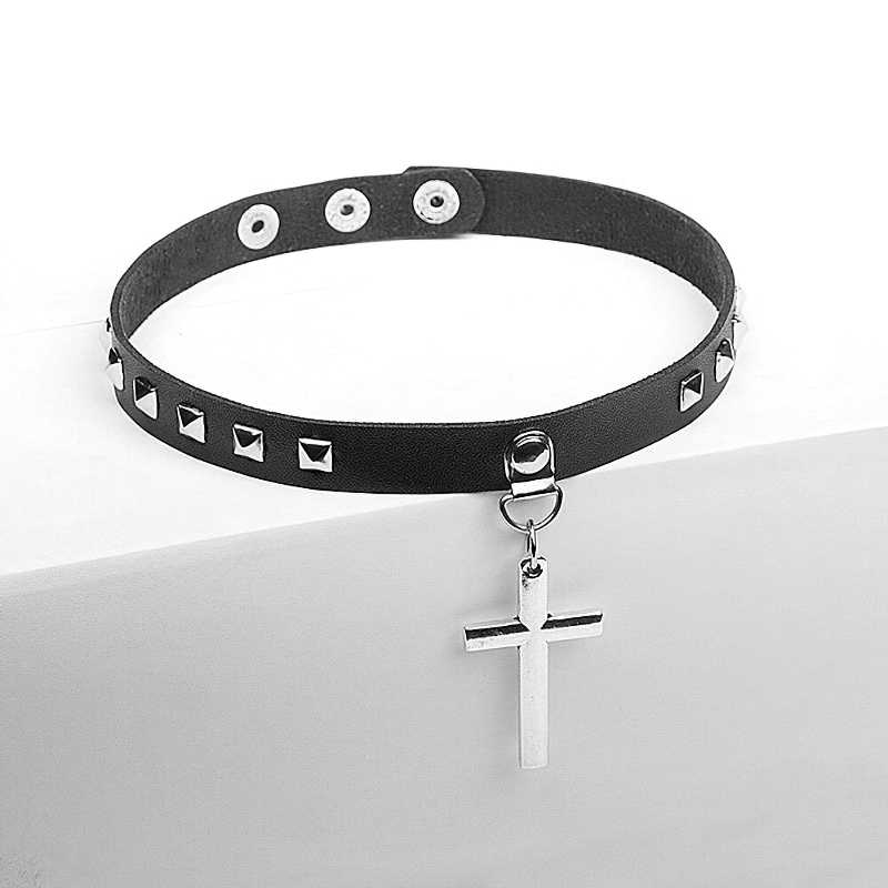 Black gothic choker necklace with silver cross pendant and studs, stylish rock accessories for women.