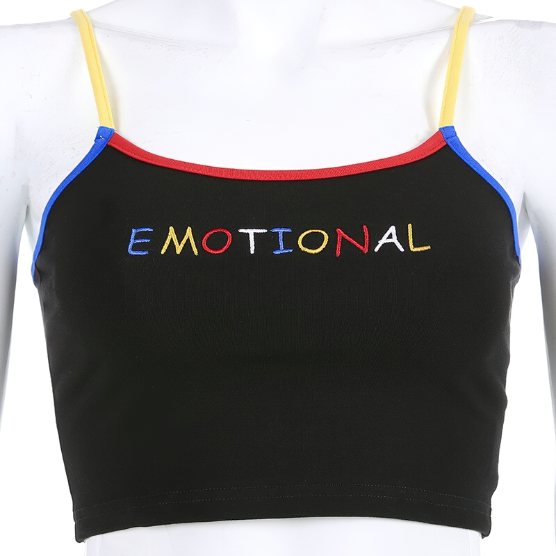 Trendy women's black cropped tank top with colorful letter embroidery reading 'EMOTIONAL' and stylish straps.