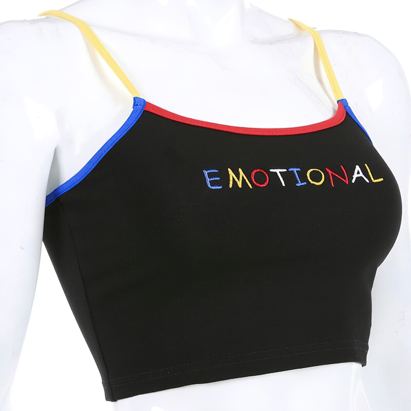 Black women cropped tank top with colorful letter embroidery, perfect for casual and trendy style.