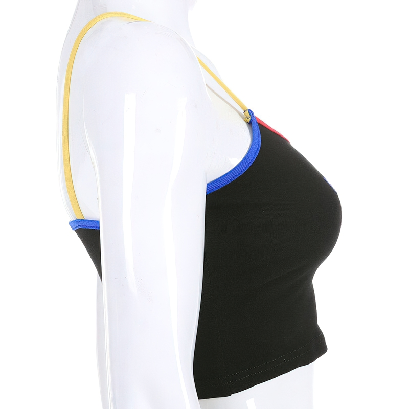 Stylish women’s cropped tank top in black with colorful straps and letter embroidery for a trendy casual look.