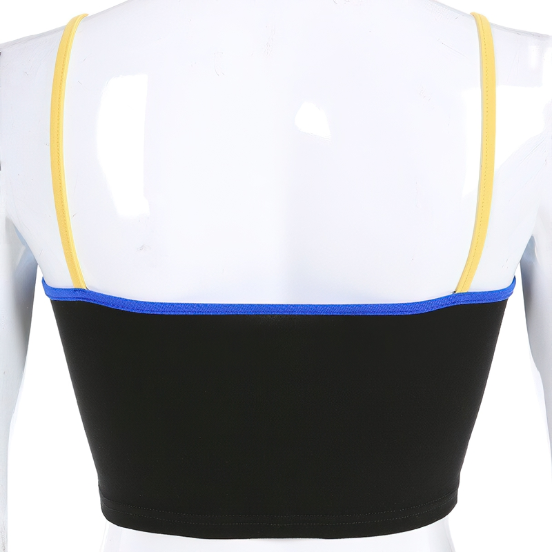 Back view of a women’s cropped tank top featuring yellow and blue straps, perfect for casual wear.