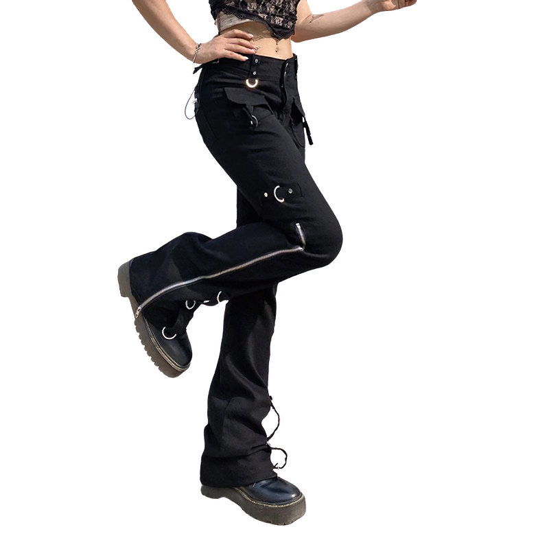 Women Dark Pant With Pockets And Zippers / Split Jeans Of Low Waisted / Casual Streetwear - HARD'N'HEAVY