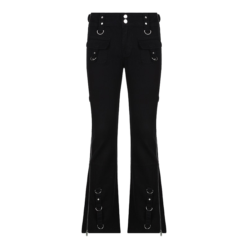Women's black flared jeans with zippers and silver ring accents, perfect for casual streetwear.