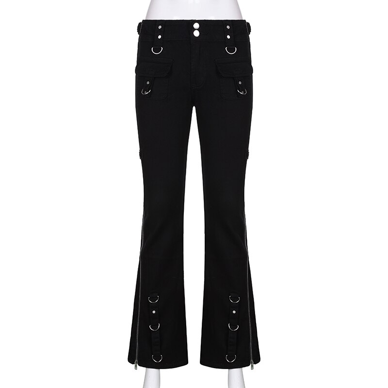 Women’s black flared jeans with pockets, zippers, and silver ring accents for trendy street style.