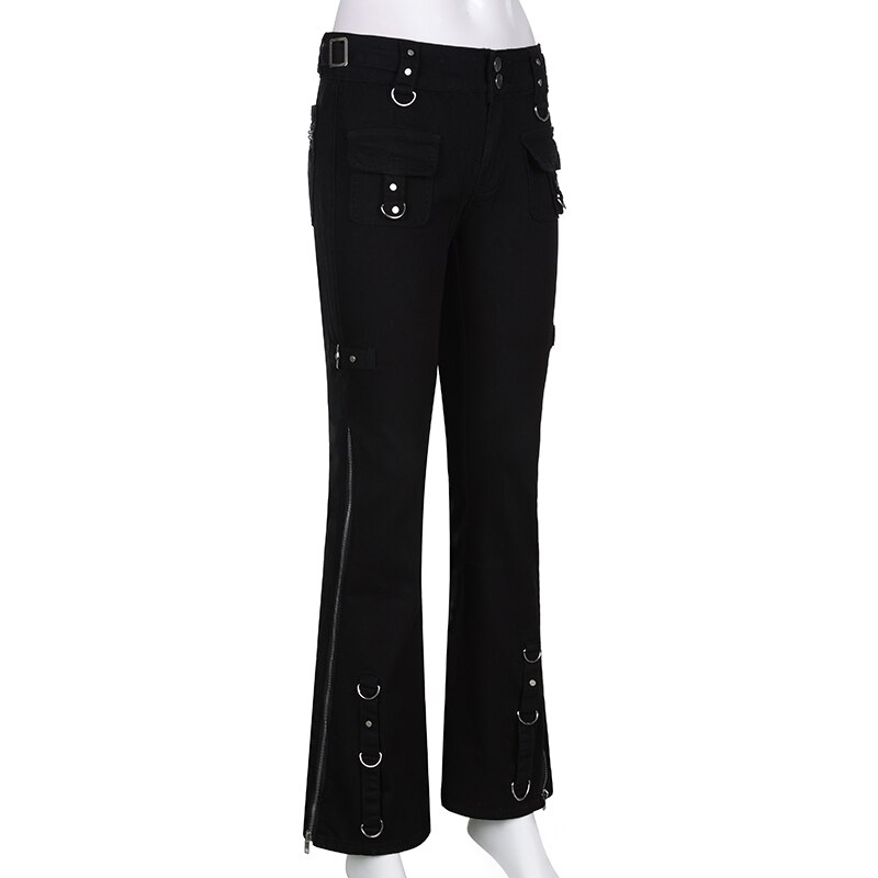 Women's black flared jeans with pockets and metal rings, perfect for casual streetwear style.