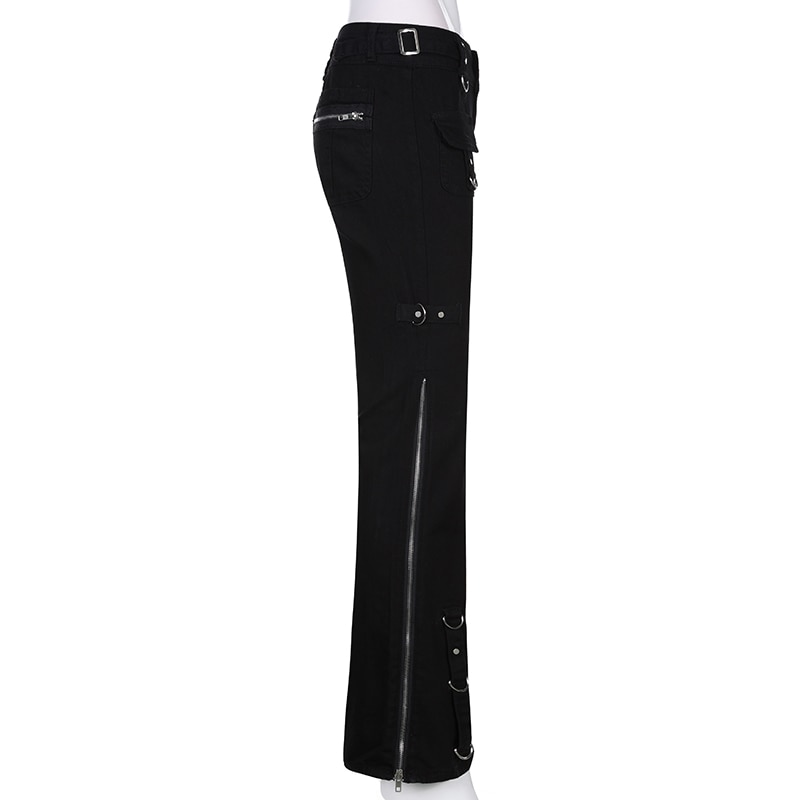 Side view of women's black flared jeans with pockets, zippers, and trendy metal ring accents for casual streetwear.