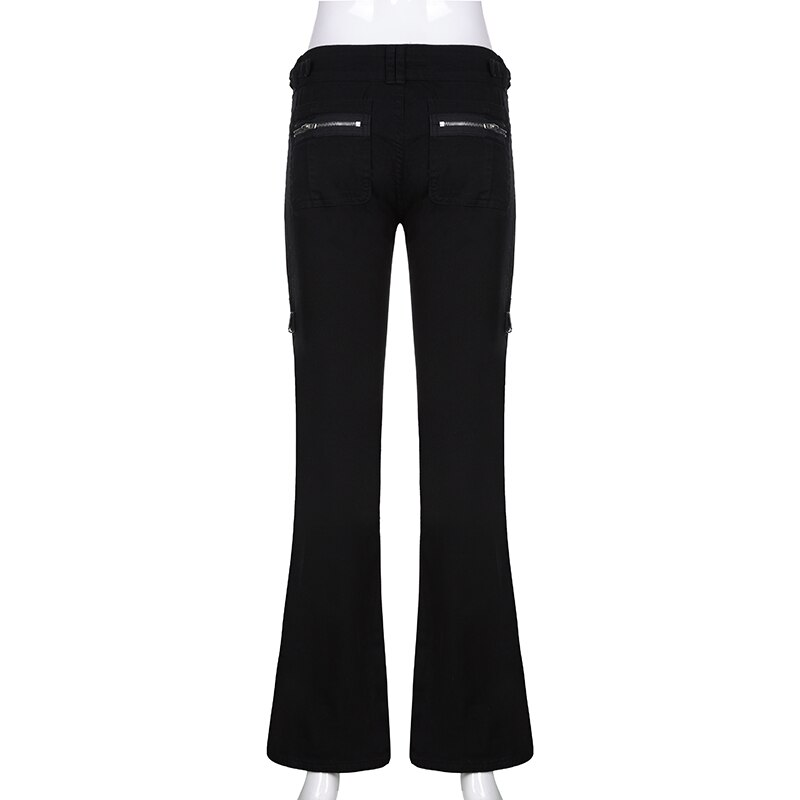 Women's dark flared jeans with pockets and zippers, showcasing a stylish streetwear design from the back view.