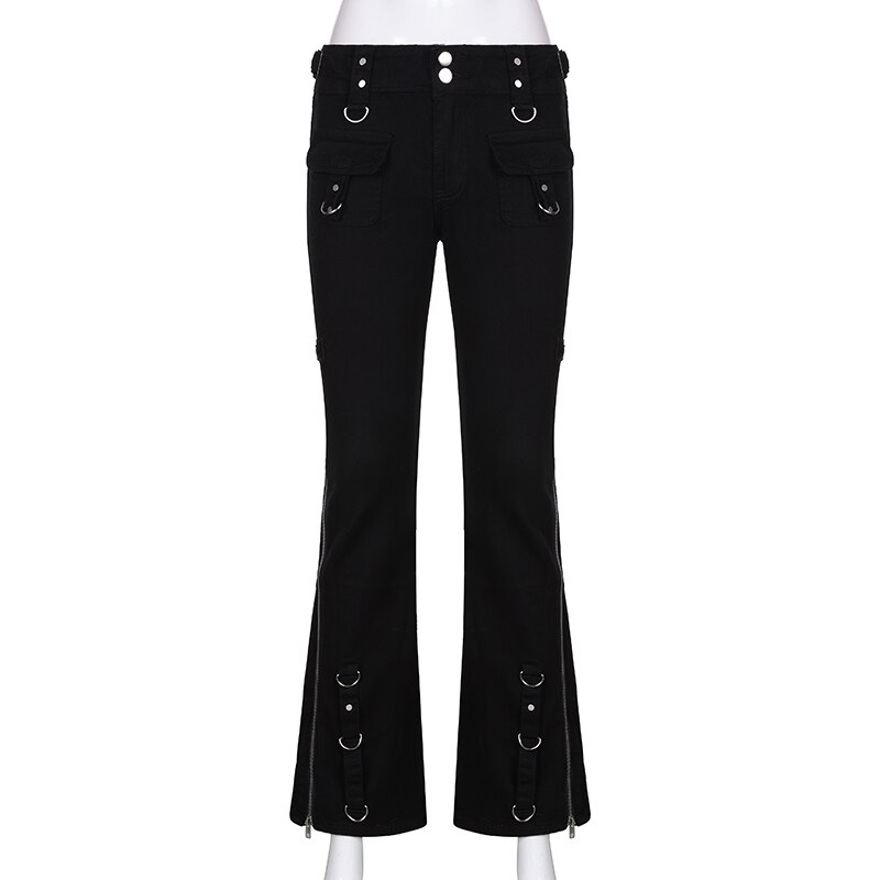 Women Dark Pant With Pockets And Zippers / Split Jeans Of Low Waisted / Casual Streetwear - HARD'N'HEAVY