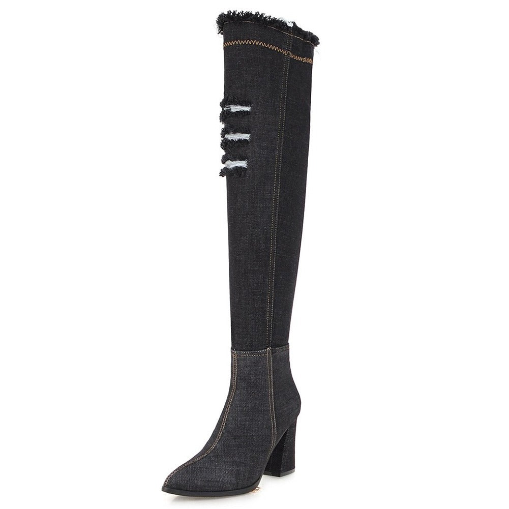 Stylish women's over-the-knee denim boots with high heels and distressed details, perfect for a trendy casual look.