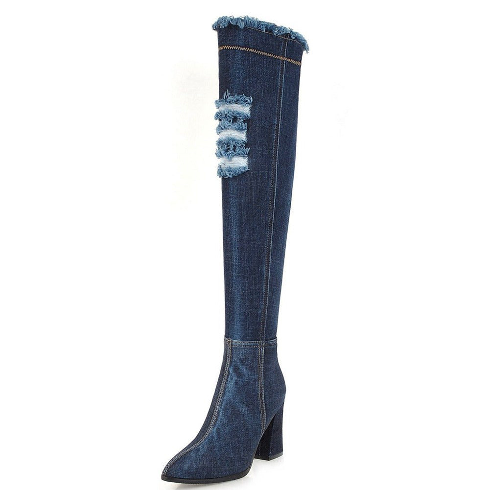 Over-the-knee denim boots with a stylish frayed design and high block heel for a chic, casual look.