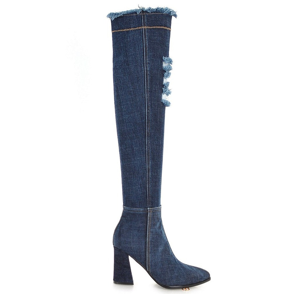 Stylish over-the-knee denim boots with pointed toe and square heels, perfect for a chic look.