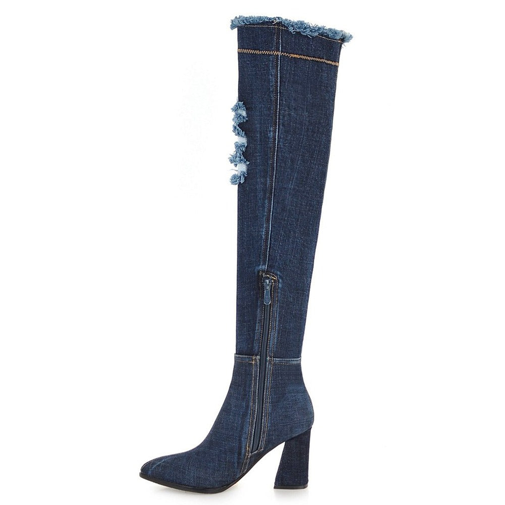 Women denim over-the-knee high heel boots with stylish frayed details and side zip, perfect for casual chic outfits.