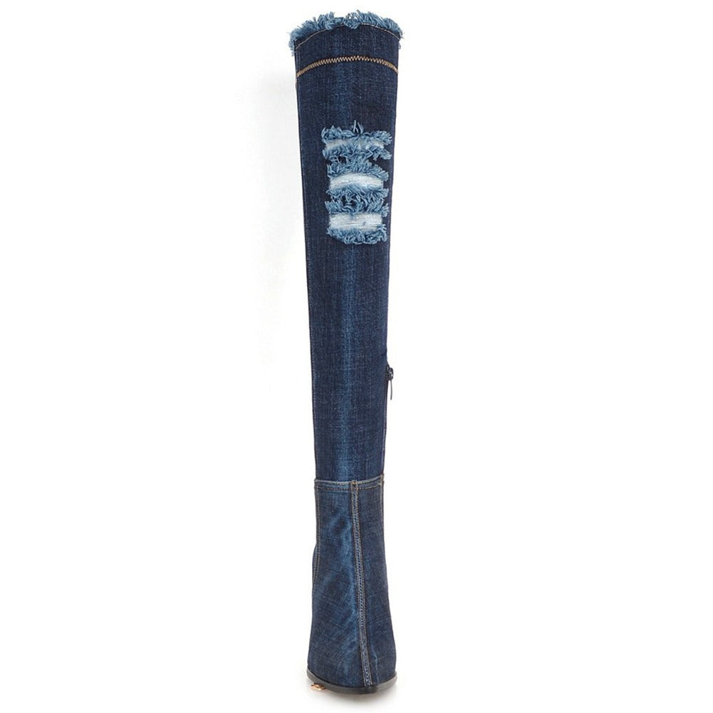 Women’s over-the-knee denim boots featuring distressed detailing and high heel, perfect for casual stylish looks.