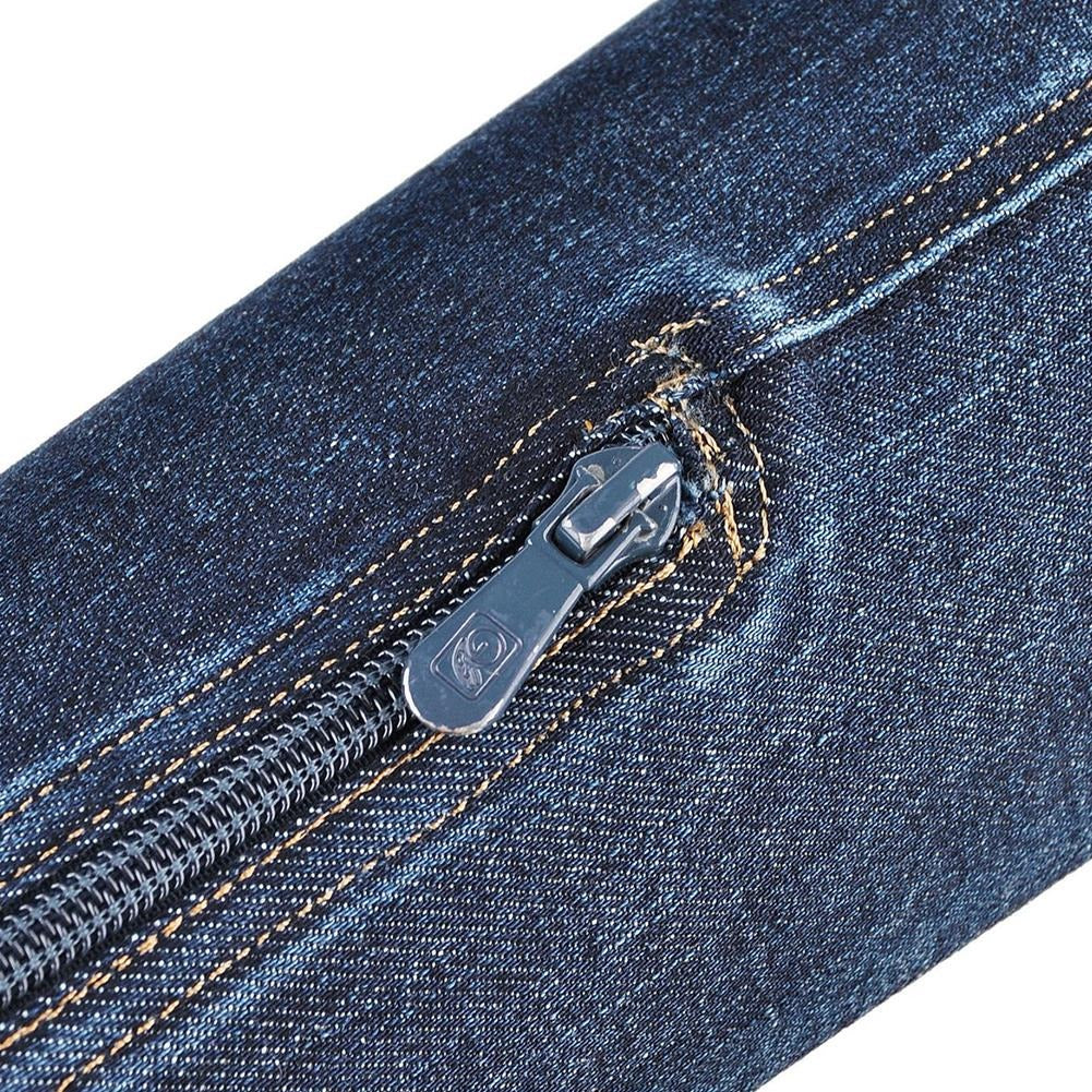 Close-up of side zip on women denim over-the-knee boots showcasing blue denim fabric and stitching details.