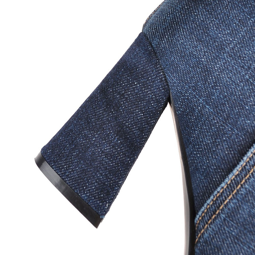 Close-up of denim over-the-knee high heel boot showcasing a stylish square heel, perfect for casual chic outfits.