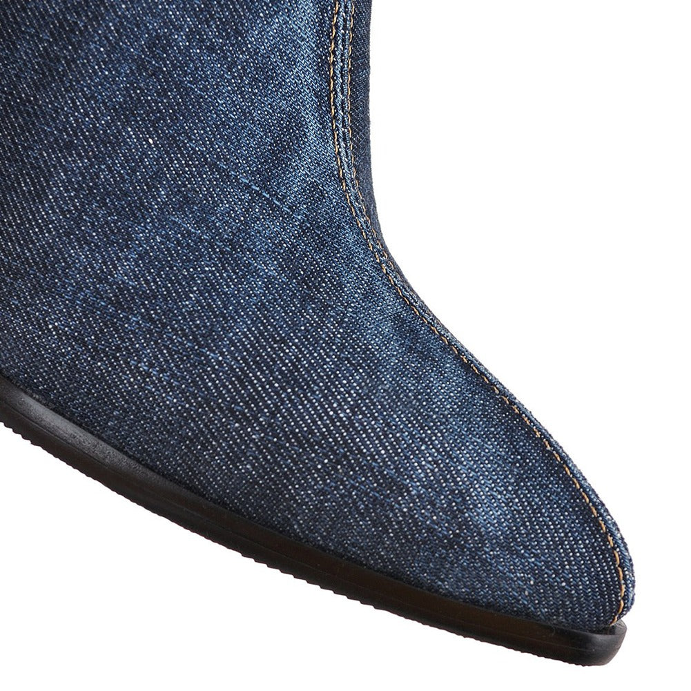 Pointed toe of stylish women denim high heel boots featuring over-the-knee design and chic casual style.