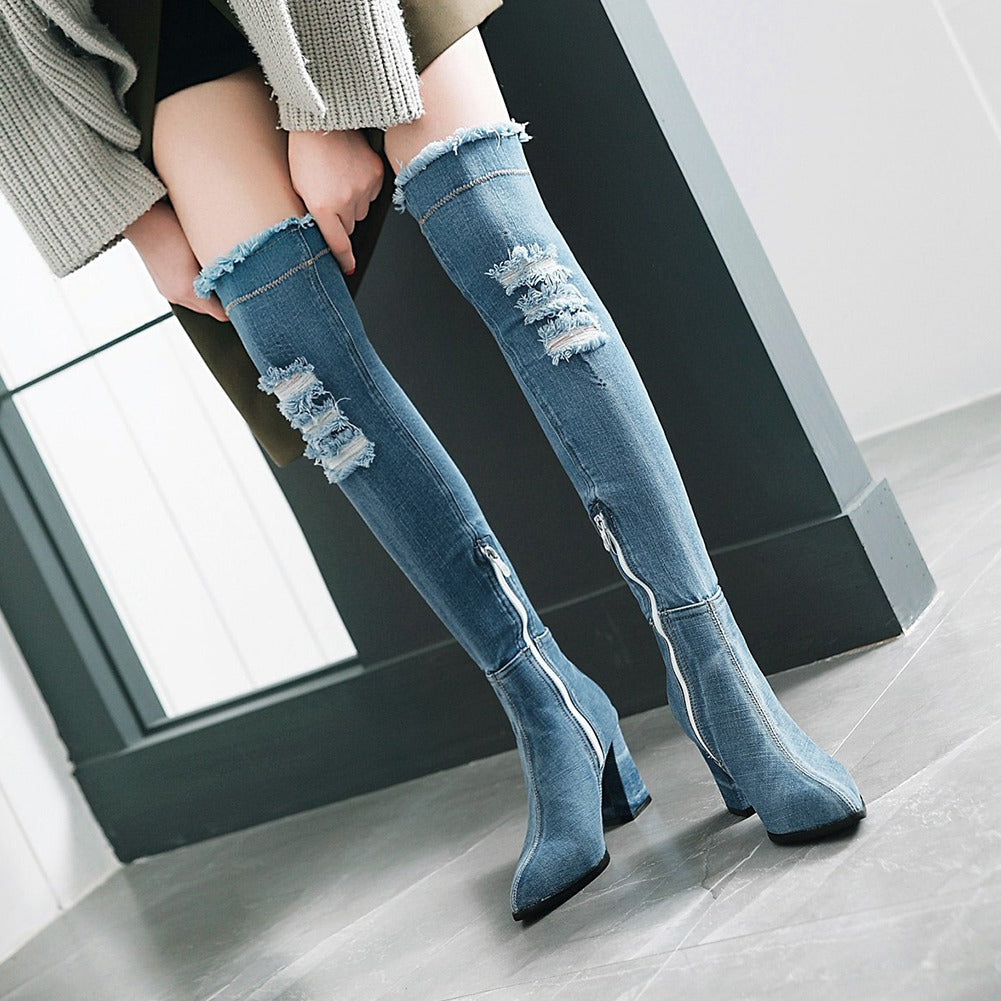Stylish women denim over-the-knee boots with high heels and distressed detail, perfect for casual chic outfits.