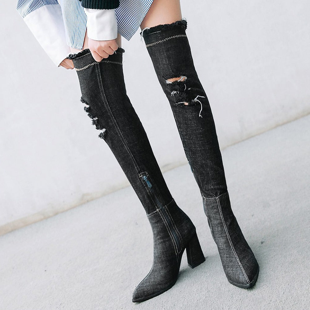 Women Denim Sexy Thin High Heel Boots / Ladies Over The Knee Long Boots / Aesthetic Shoes - HARD'N'HEAVY