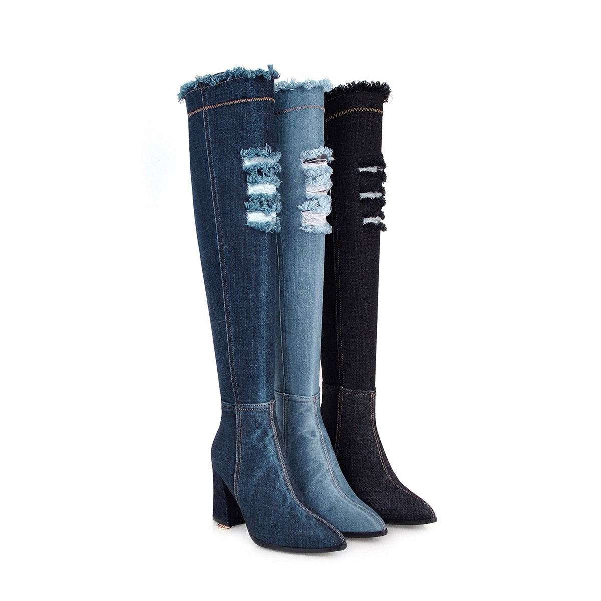 Stylish women's over-the-knee denim boots with pointed toes and distressed details in blue and black.