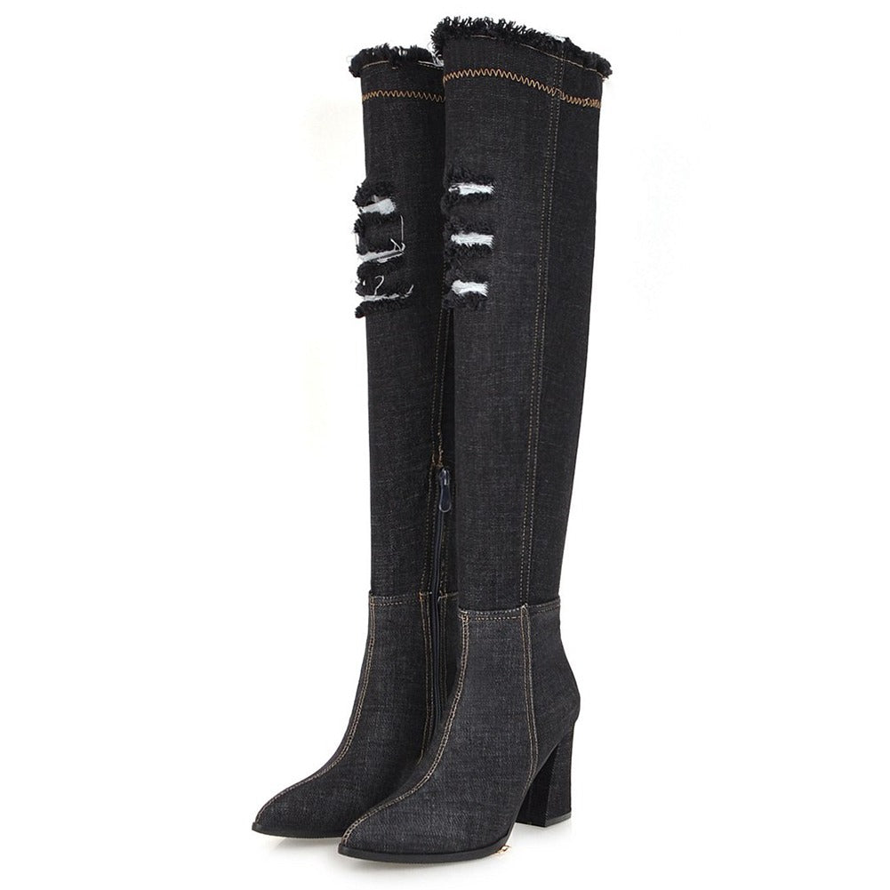 Stylish women's over-the-knee denim boots with pointed toe and high heel, featuring a chic distressed design.