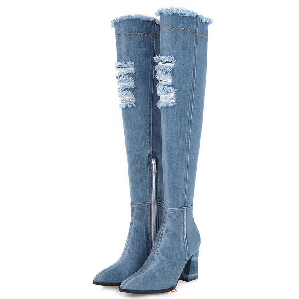 Stylish women denim over-the-knee boots with high heels and distressed design, perfect for a casual aesthetic.