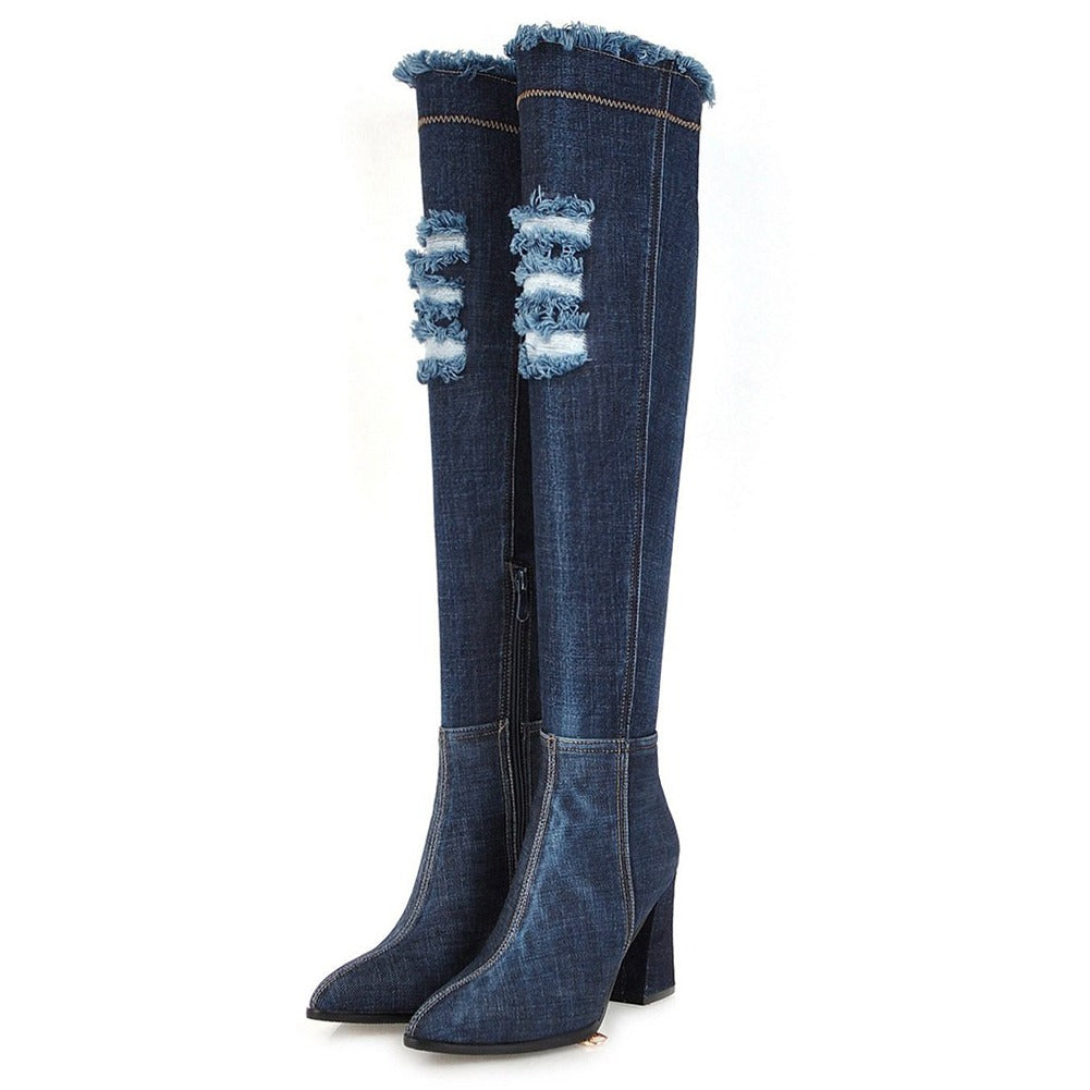 Over-the-knee women denim boots with frayed details, high heel style, perfect for casual and aesthetic outfits.