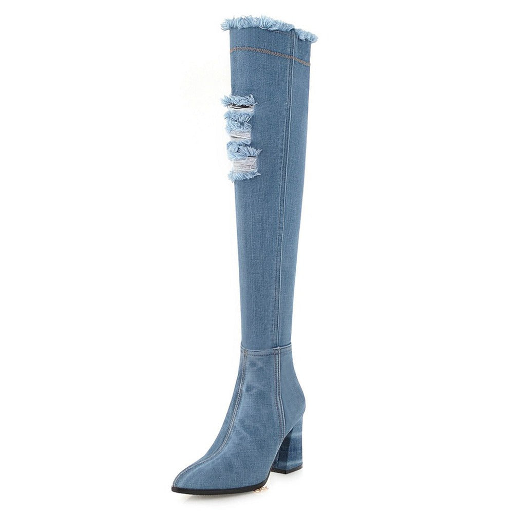 Women Denim Sexy Thin High Heel Boots / Ladies Over The Knee Long Boots / Aesthetic Shoes - HARD'N'HEAVY