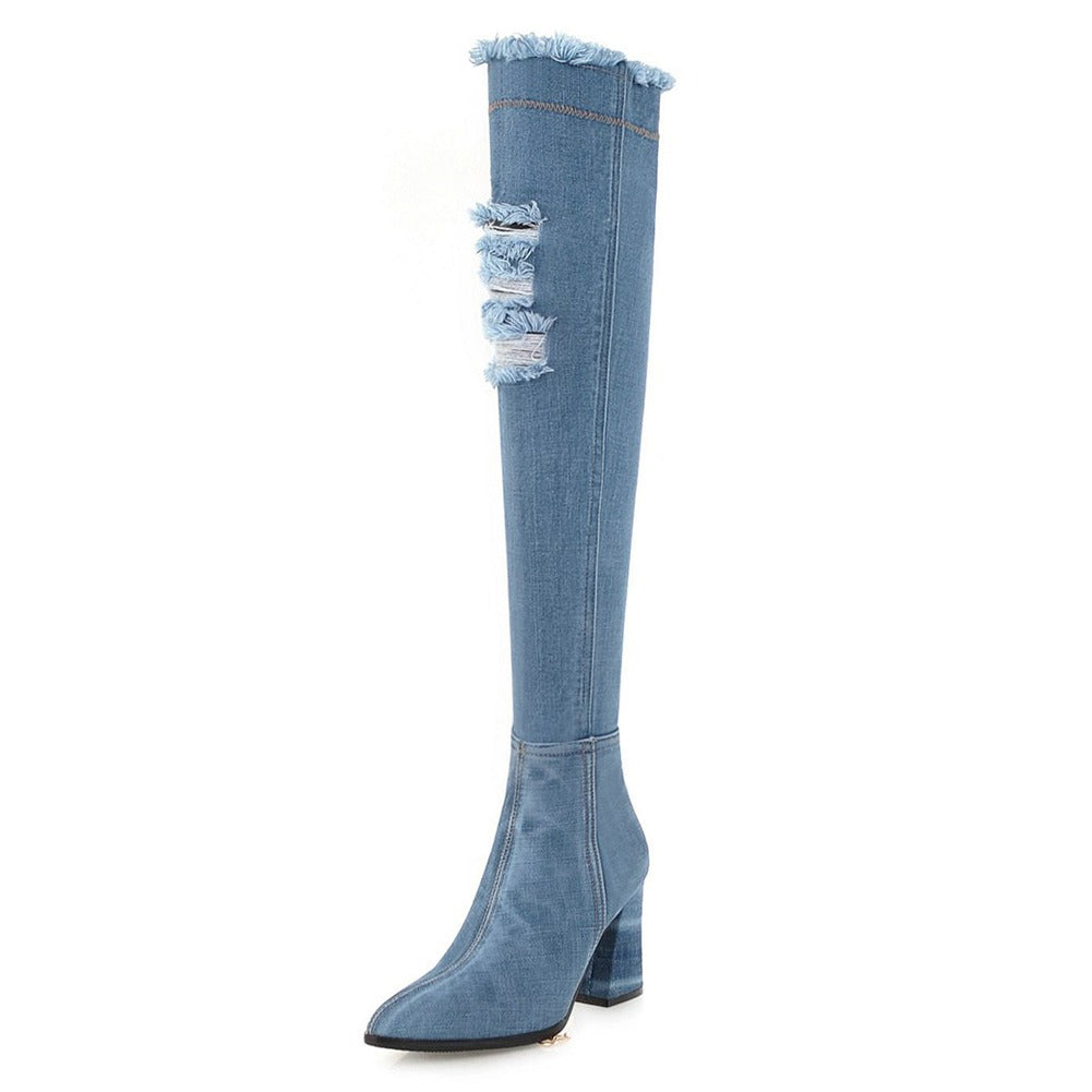 Stylish over-the-knee denim boots with distressed details and a chunky heel for a chic, fashionable look.
