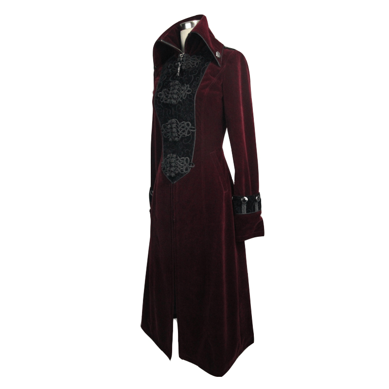 Gothic style women's embossed long red coat with high collar and lace inserts, perfect for vintage alternative fashion.