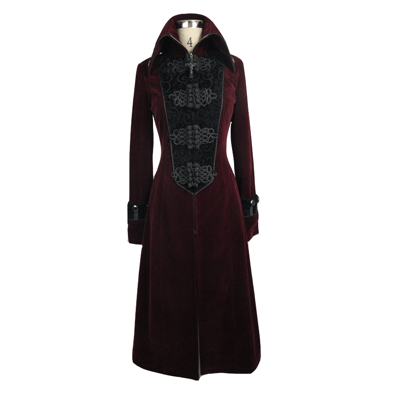 Women’s long red gothic coat featuring embossed design and high collar for alternative fashion enthusiasts.