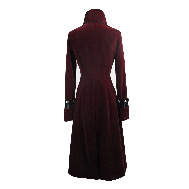 Back view of a women's gothic long red coat with a high collar and stylish lace insert details.