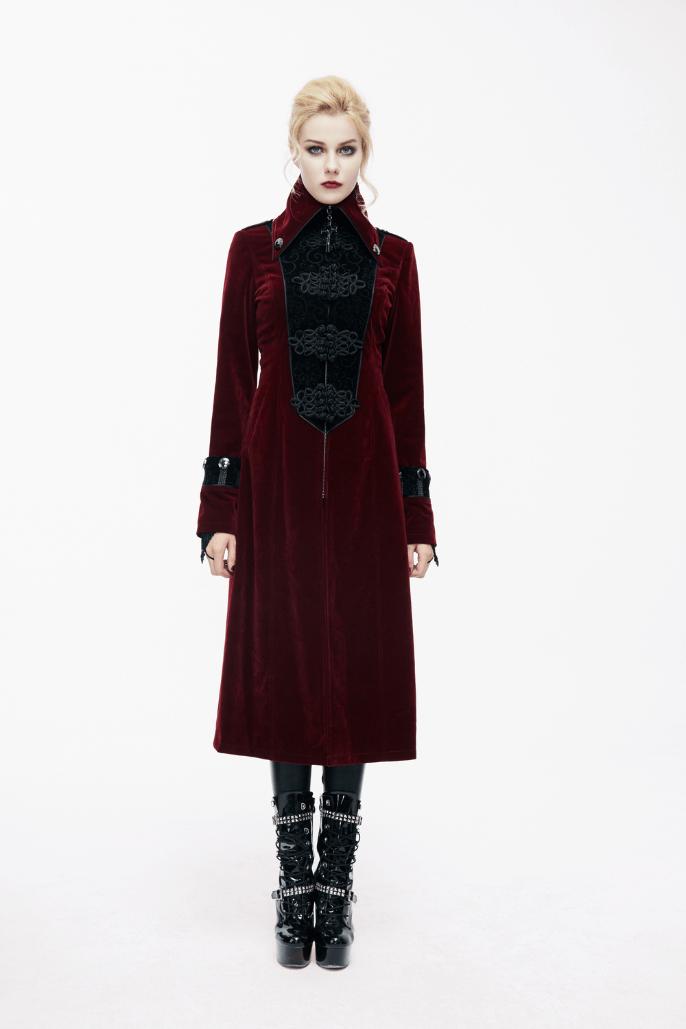 Women Embossed Long Red Coat In Gothic Style / High Collar Alternative Fashion Outerwear - HARD'N'HEAVY