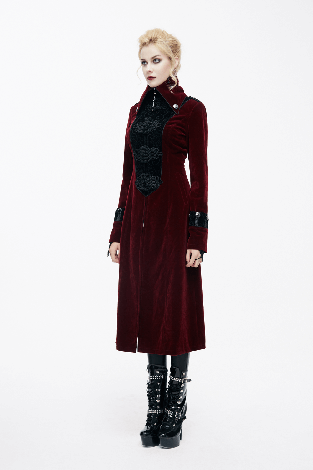 Women embossed long red coat in gothic style with high collar and lace inserts, perfect for alternative fashion lovers.