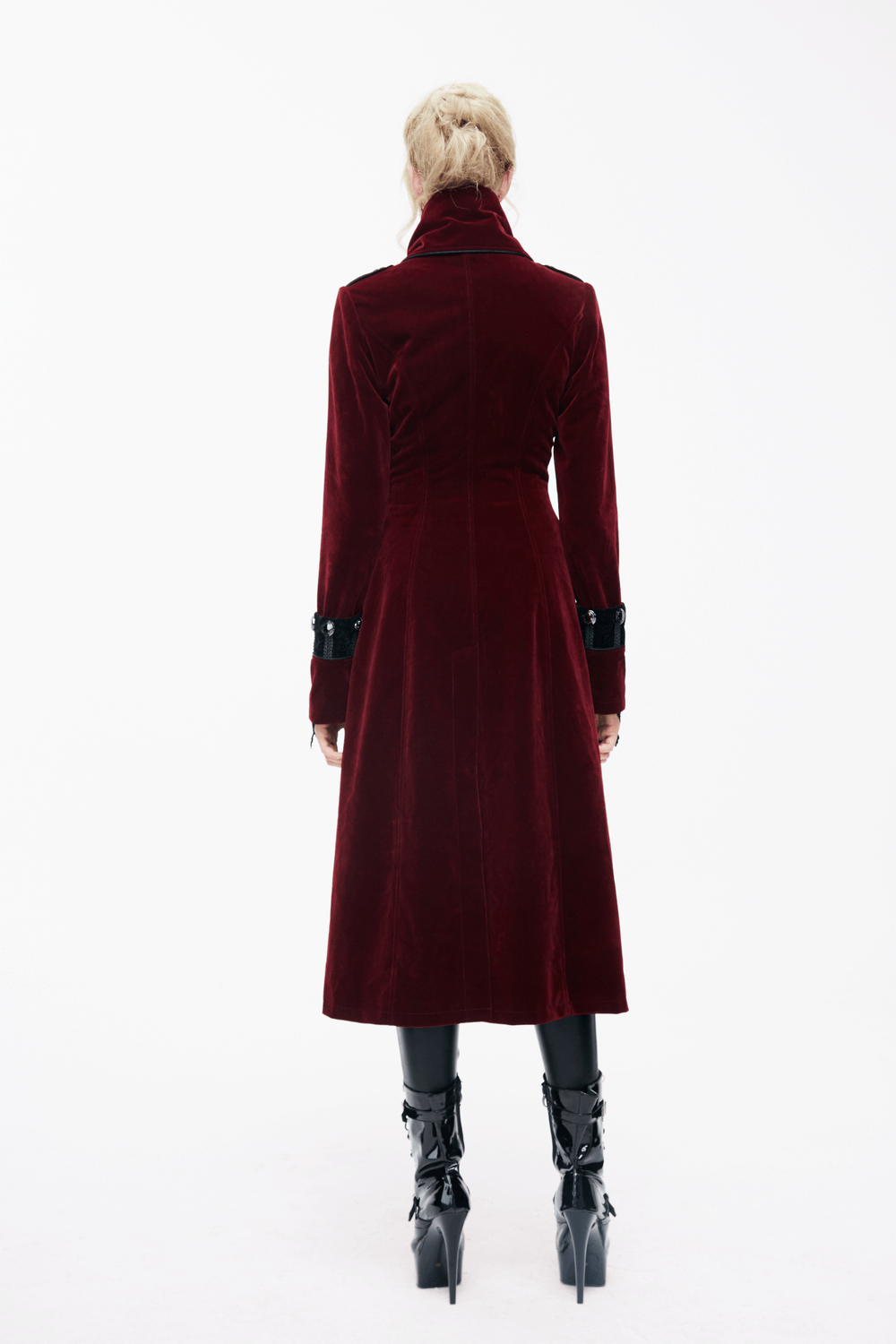 Back view of women's embossed long red coat in gothic style, featuring high collar and stylish lace inserts.