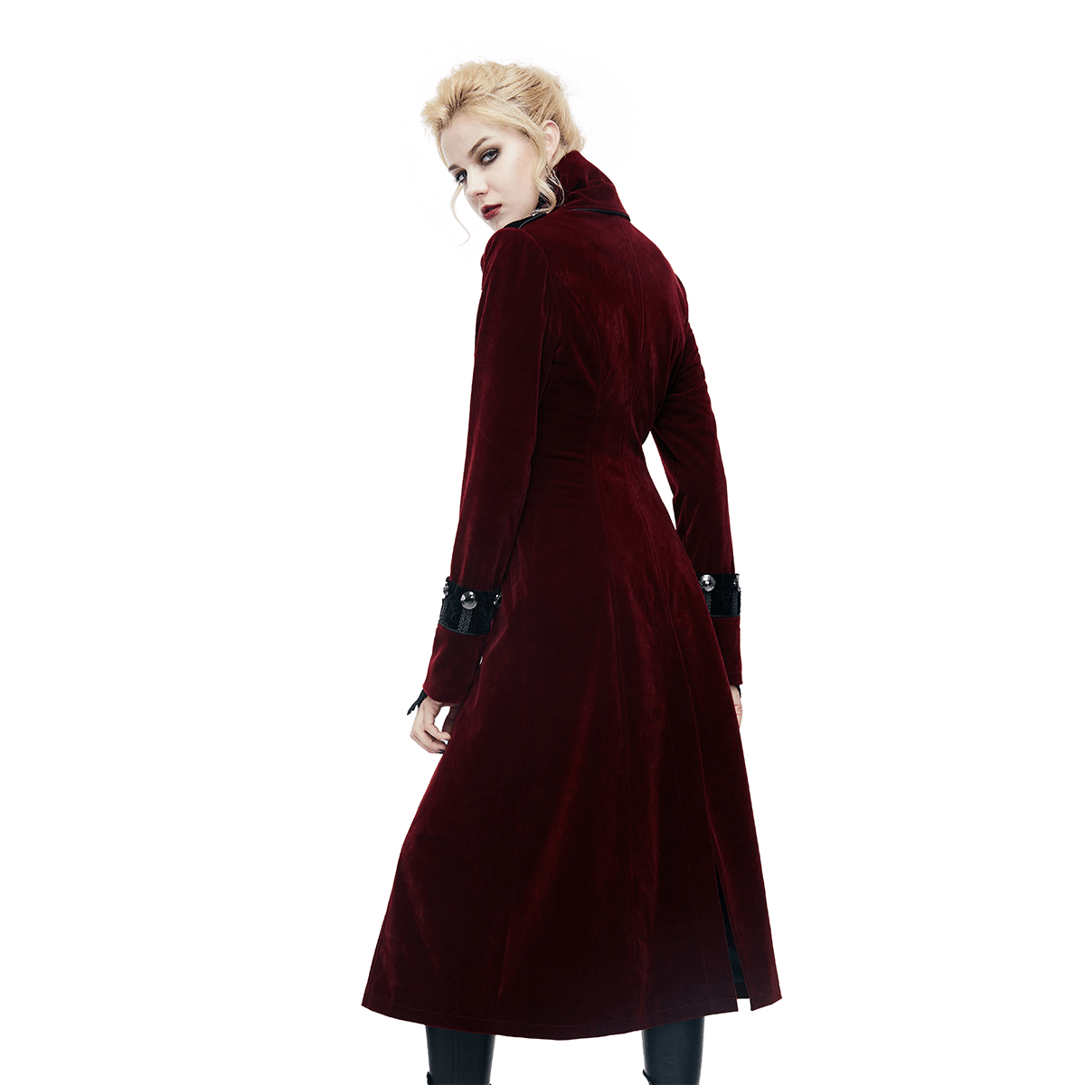 Women Embossed Long Red Coat In Gothic Style / High Collar Alternative Fashion Outerwear - HARD'N'HEAVY