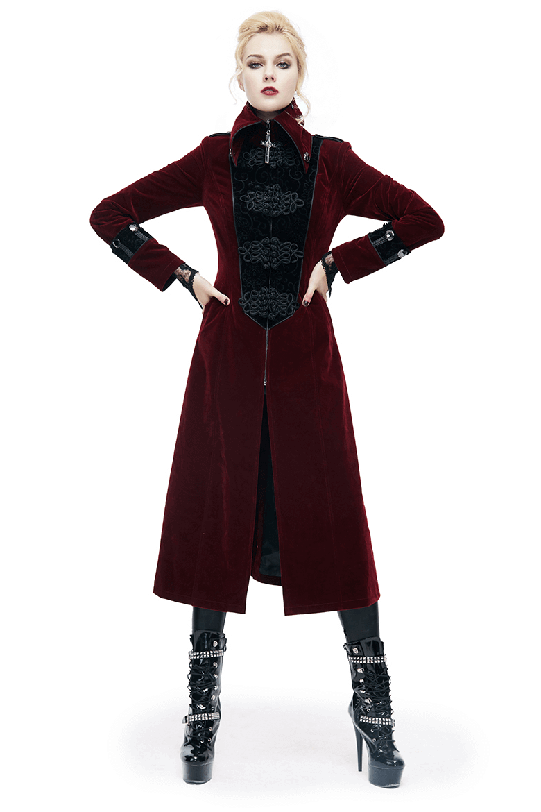 Gothic women's long red coat with high collar and lace inserts, perfect for alternative fashion enthusiasts.