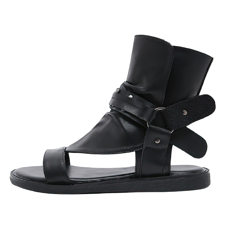 Stylish women’s black ankle strap sandals featuring PU leather and metal rivets, perfect for summer fashion.