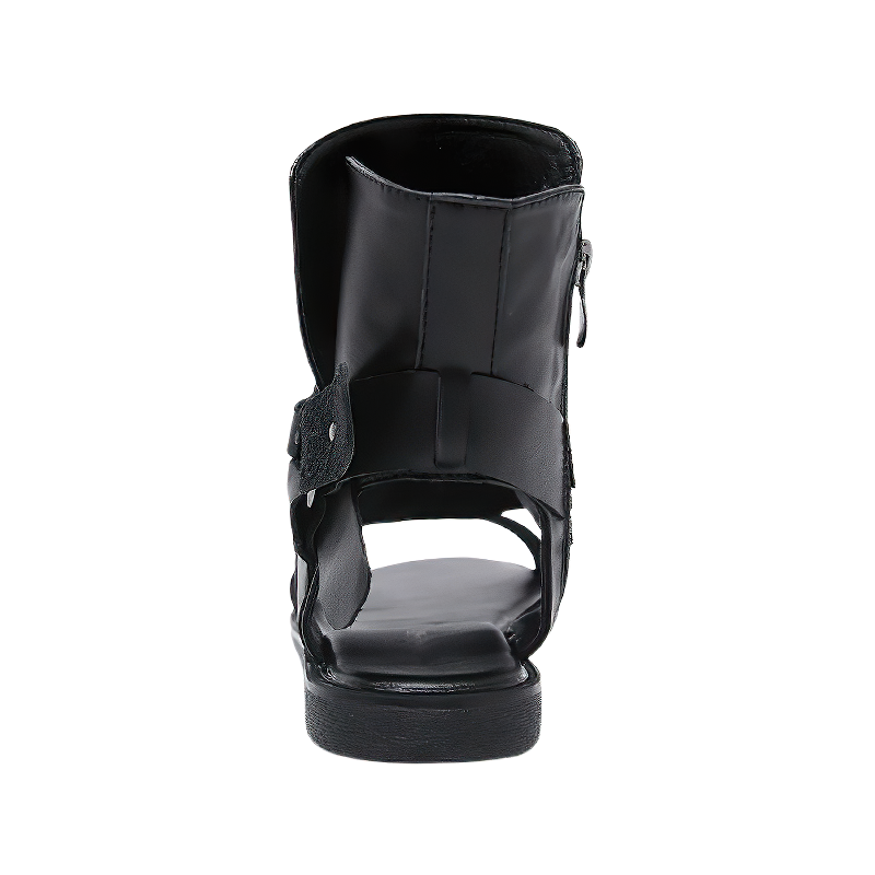 Back view of stylish black ankle strap sandals with metal rivets, perfect for summer fashion.