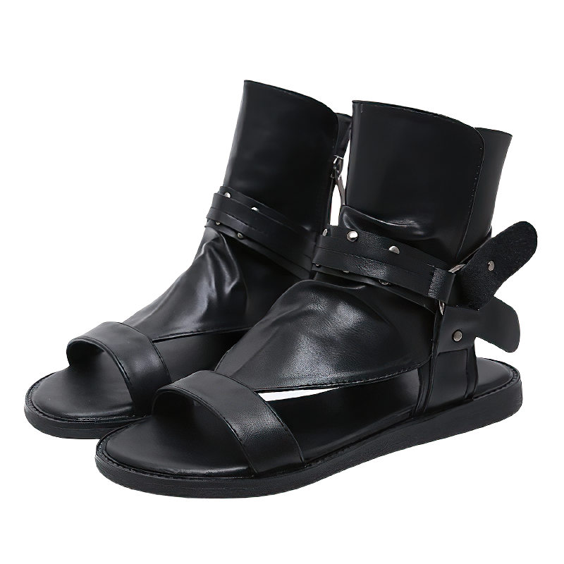 Stylish black ankle strap sandals with open toe and metal rivets for summer wear.